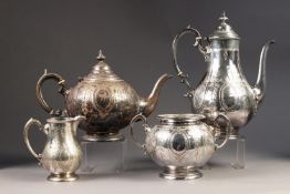 VICTORIAN ELECTROPLATED FOUR PIECE TEA AND COFFEE SET, of circular form with scroll handles,