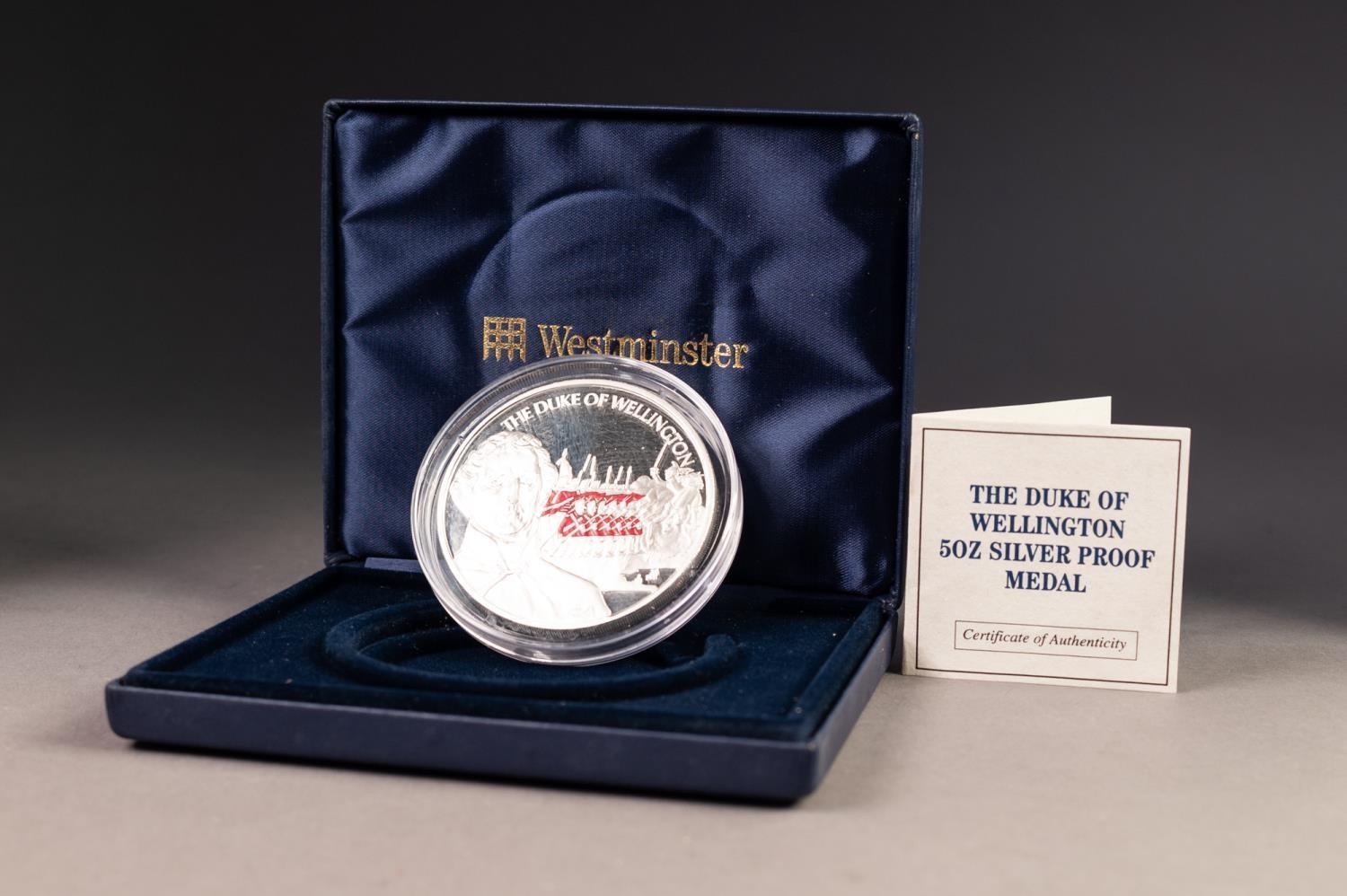 WESTMINSTER FIVE OUNCE SILVER PROOF 'THE DUKE OF WELLINGTON' MEDALLION,  obverse with bust and