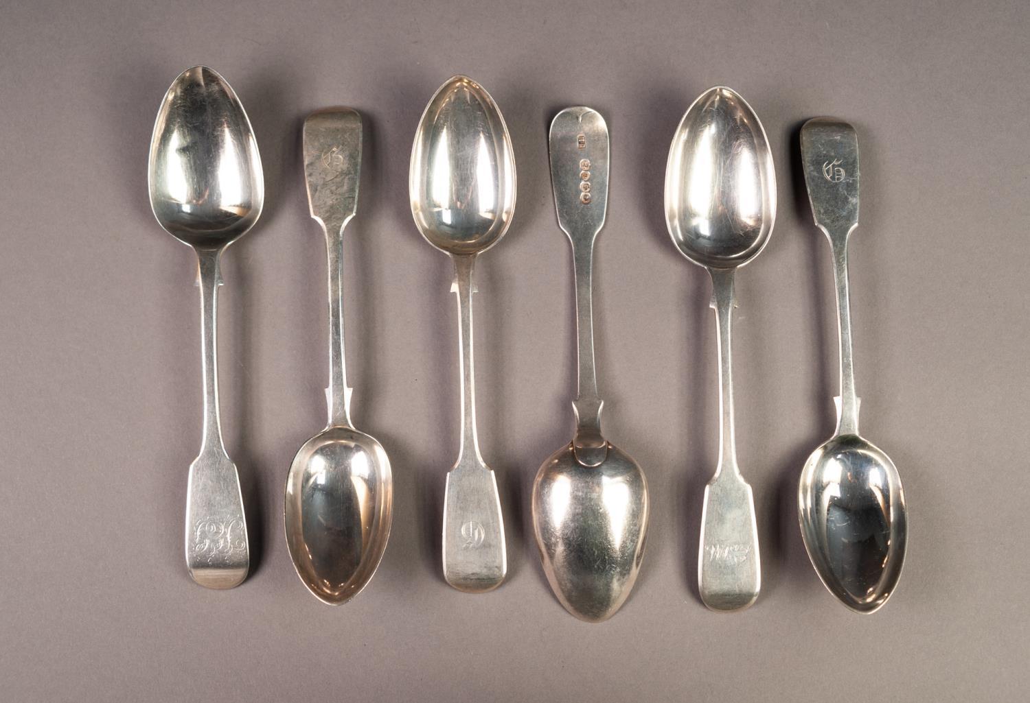 SET OF FOUR VICTORIAN SILVER FIDDLE PATTERN DESSERT SPOONS BY JAMES & JOSIAH WILLIMAS, initialled,