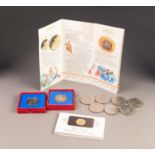 TWO GEORGE V SILVER JUBILEE COMMEMORATIVE MEDALLIONS, boxed; SEVEN CHURCHILL CROWN COINS, 1965;