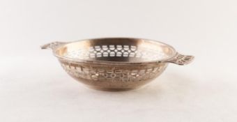 GEORGE VI SILVER QUAICH SHAPED TWO HANDLED BON BON DISH, with pierced border and handles, Birmingham