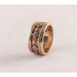 9ct GOLD BROAD BAND RING with lightly textured surface between raised, two-strand borders, the top