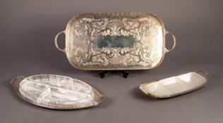 ELECTROPLATED TWO HANDLED ROUNDED OBLONG GALLERIED TRAY, with chased centre, 16 ½? x 9 ½? (42cm x