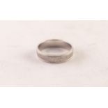 PLATINUM BROAD WEDDING RING with finely hatched finish between narrow polished borders, 6.9 gms,