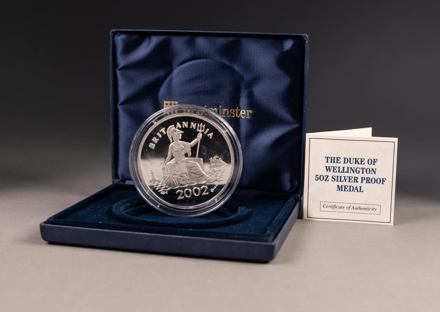 WESTMINSTER FIVE OUNCE SILVER PROOF 'THE DUKE OF WELLINGTON' MEDALLION,  obverse with bust and - Image 2 of 2