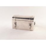 LATE VICTORIAN SILVER TABLE CIGARETTE BOX OF TRUNK FORM, with hinged domed lid with two straps