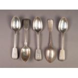 SET OF FIVE VICTORIAN SILVER FIDDLE PATTERN TEASPOONS BY JAMES & JOSIAH WILLIAMS, initialled, 6? (