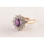 9ct GOLD, AMETHYST AND CUBIC ZIRCONIA CLUSTER RING, set with an oval amethyst and two tier