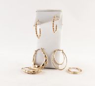 THREE PAIRS OF 9ct GOLD HOOP EARRINGS, various styles, 7.7 gms