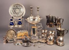 MIXED LOT OF ELECTROPLATE, to include: FOUR PIECE TEA SET, PAIR OF CANDLESTICKS, DRINKS COASTERS,
