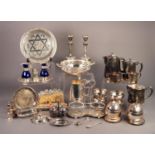 MIXED LOT OF ELECTROPLATE, to include: FOUR PIECE TEA SET, PAIR OF CANDLESTICKS, DRINKS COASTERS,