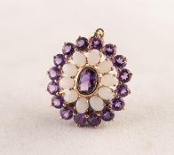 9ct GOLD, AMETHYST AND OPAL OVAL PENDANT, set with a centre oval amethyst, surround of ten oval