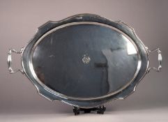 J.D.W. & Co. GOOD QUALITY ELECTROPLATE OVAL TWO HANDLE TRAY, plain with shaped border, centred