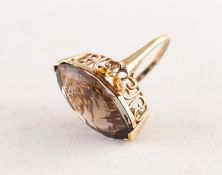 9ct GOLD DRESS RING with a large marquise shaped citrine in a two claw cross setting, Birmingham