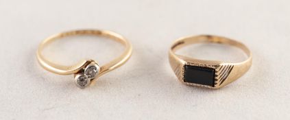 9ct GOLD SIGNET RING set with narrow oblong black onyx and an 18ct GOLD CROSS-OVER RING set with two