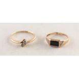 9ct GOLD SIGNET RING set with narrow oblong black onyx and an 18ct GOLD CROSS-OVER RING set with two