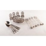 A SUITE OF CONTINENTAL FILIGREE SILVER MINIATURE FURNITURE, viz a set of four balloon backed