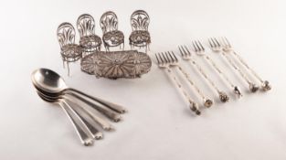 A SUITE OF CONTINENTAL FILIGREE SILVER MINIATURE FURNITURE, viz a set of four balloon backed