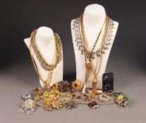 SELECTION OF GILT METAL AND OTHER COSTUME JEWELLERY mainly necklaces and brooches together with
