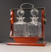 MODERN MAHOGANY AND ELECTROPLATE MOUNTED TWO BOTTLE TANTALUS BY PUDDLEFOOT BOWERS & SIMONETT,