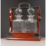 MODERN MAHOGANY AND ELECTROPLATE MOUNTED TWO BOTTLE TANTALUS BY PUDDLEFOOT BOWERS & SIMONETT,