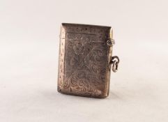 EDWARDIAN SILVER VESTA BOX, foliate scroll engraved and with ring hanger to one side, Birmingham