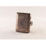 EDWARDIAN SILVER VESTA BOX, foliate scroll engraved and with ring hanger to one side, Birmingham