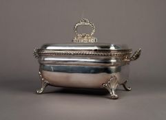 GEORGIAN STYLE ELECTROPLATED TWO HANDLED TUREEN AND COVER, of rounded oblong form with scroll top