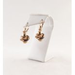 PAIR OF 9CT THREE COLOUR GOLD DROP EARRINGS, of ball and knot pattern, 6.3 gms (2)