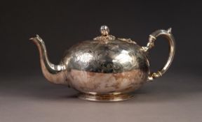 VICTORIAN BULLET SHAPED ELECTROPLATED TEA POT, with scroll handle, bud finial and moulded circular