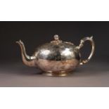 VICTORIAN BULLET SHAPED ELECTROPLATED TEA POT, with scroll handle, bud finial and moulded circular