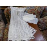 A POSSIBLY EDWARDIAN LACE EMBROIDERED INFANTS CHRISTENING GOWN WITH SCARF