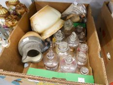 FOUR CLEAR GLASS CHEMIST'S BOTTLES, MOSTLY LABELLED (A.F.) ALSO A CROWN DEVON POTTERY JARDINIERE , A