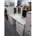 A MODERN WHITE FINISH DOUBLE PEDESTAL DRESSING TABLE WITH TRIPLE MIRRORS AND THE MATCHING TWO DRAWER