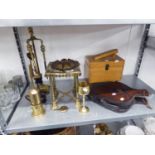 A BRASS SQUARE KETTLE STAND AND A PAIR OF WOODEN FIRE BELLOWS, A SHOE SHINE BOX, BRASS FIRE IRONS