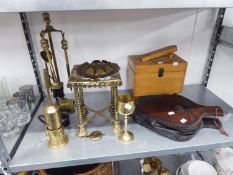 A BRASS SQUARE KETTLE STAND AND A PAIR OF WOODEN FIRE BELLOWS, A SHOE SHINE BOX, BRASS FIRE IRONS