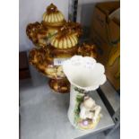 A CONTINENTAL CHINA VASE, ENCRUSTED WITH FLOWERS AND WITH BOY AND DOG AT BASE (AS FOUND) AND A