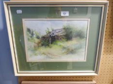 A WATERCOLOUR 'RUINED BARN NEAR CAREW CASTLE'  (1991) BY DORIS MARSDEN (32cm x 22cm)