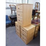 A SET OF THREE BEECH WOOD THREE DRAWER BEDSIDE CHESTS AND A MODERN SEMI-ARMED EASY CHAIR, IN BLUE