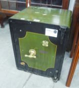 A STEEL SAFE WITH BRASS 'T' HANDLE, INTERIOR DRAWER, 20" X 16" (OPEN BUT NO KEY)