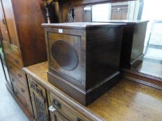 NINETEENTH CENTURY MAHOGANY HINGE LID TABLE, HAVING SOLID TOP FRONT WITH OVAL PANEL ON SOLID