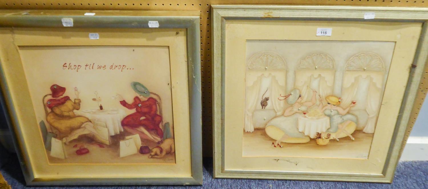 A.S. THOMAS A PAIR OF WATERCOLOUR DRAWINGS'SHOP TIL WE DROP'' AND SEATED FEMALE FIGURE IN BALL