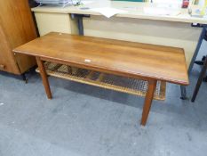 MID CENTURY TEAK DANISH COFFEE TABLE, HAVING WOVEN UNDER PLATFORM