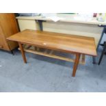 MID CENTURY TEAK DANISH COFFEE TABLE, HAVING WOVEN UNDER PLATFORM