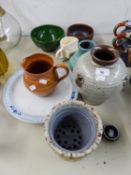 STUDIO POTTERY VASE, JUGS, BOWLS 'JAMMIE DODGERS' CUP AND BLUE AND WHITE PLATE