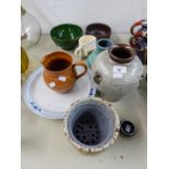 STUDIO POTTERY VASE, JUGS, BOWLS 'JAMMIE DODGERS' CUP AND BLUE AND WHITE PLATE