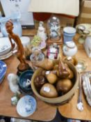 MIXED LOT TO INCLUDE; RESIN FIGURES, WADE, COPENHAGEN,  TURNED WOOD ITEMS ETC....