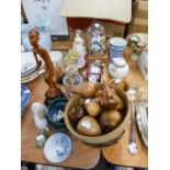 MIXED LOT TO INCLUDE; RESIN FIGURES, WADE, COPENHAGEN,  TURNED WOOD ITEMS ETC....