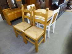 A PAIR OF MODERN WHITE AND LIGHT OAK KITCHEN SINGLE CHAIRS, A SQUARE KITCHEN TABLE WITH PINK TOP AND