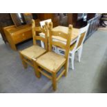 A PAIR OF MODERN WHITE AND LIGHT OAK KITCHEN SINGLE CHAIRS, A SQUARE KITCHEN TABLE WITH PINK TOP AND